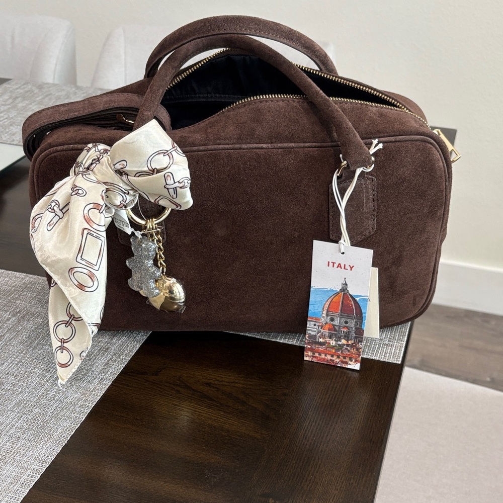 NWT Isadora Italian Brown Suede Handbag with Scarf Accent